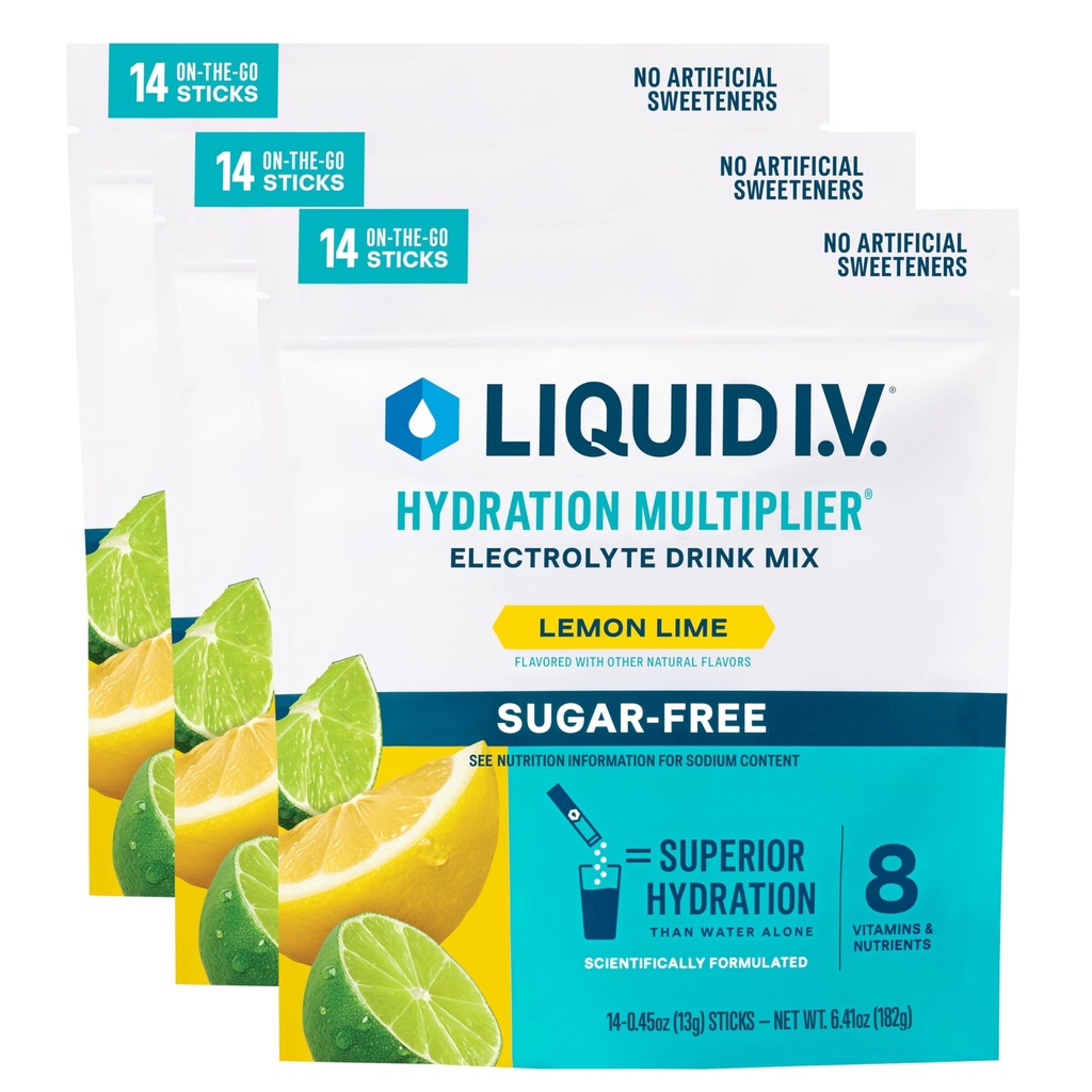 Liquid I.V. ® Hydration Multiplier ® Sugar- Free - Lemon Lime - Hydration Powder Packets - 124; Electrolyte Powder Drink Mix 124; Praktisk Single-Serving Sticks - 124; Non- GMO - 124; 14 Servering (pakke med 3)