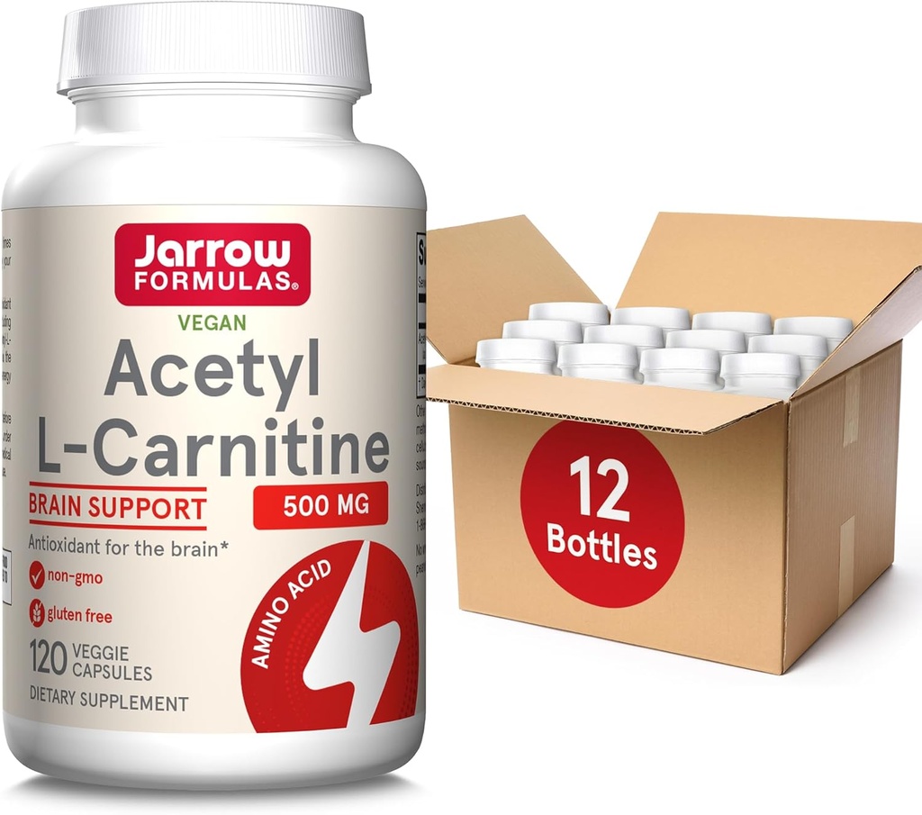 Jarrow Formulas Acetyl L- Carnitin 500 mg, Kosttilskud, Aminosyretilskud til hjernesundhed og antioxidanter, 120 Veggie Capsules, 120 Day Supply (Pack of 12)