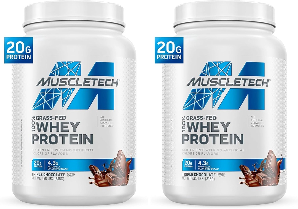 MuscleTech Grass Fed Whey Protein Powder for Muscle Gain, Growth Hormone Free, Non-GMO, Gluten Free, 20g Protein + 4,3g BCAA, Triple Chocolate, 1,8 lbs (Pack of 2)