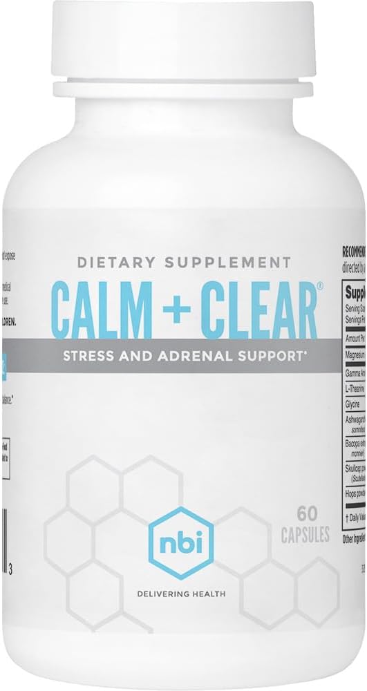 NBI Calm + Clear Mood og Fokus Support 124; Natural Stress og Adrenal Support med Magnesium, GABA, Ashwagandha, L- Theanine, Glycine, Bacopa, Skullcap, og Humle Powder Budding 124; 60 Count Capsules