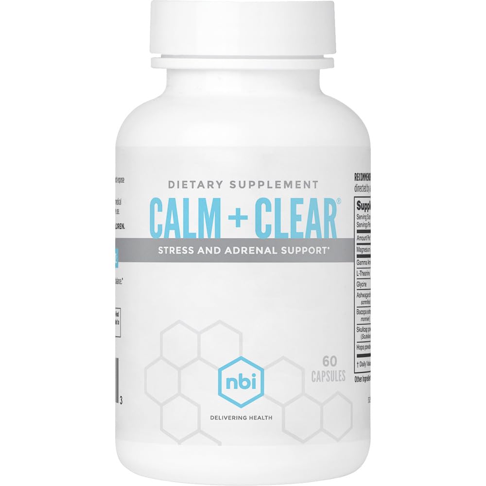NBI Calm + Clear Mood og Fokus Support 124; Natural Stress og Adrenal Support med Magnesium, GABA, Ashwagandha, L- Theanine, Glycine, Bacopa, Skullcap, og Humle Powder Budding 124; 60 Count Capsules