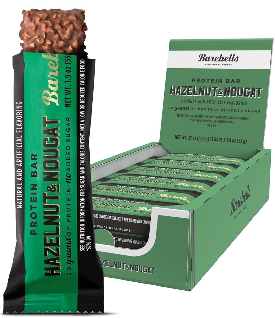 Barebells Protein Bars Hasselnut & Nougat - 12 Greve, 1.9oz Bars - Protein Snacks med 20g af High Protein - Chokolade Protein Bar med 1g af Total Sugars - På Go Protein Snack & Breakfast Barer