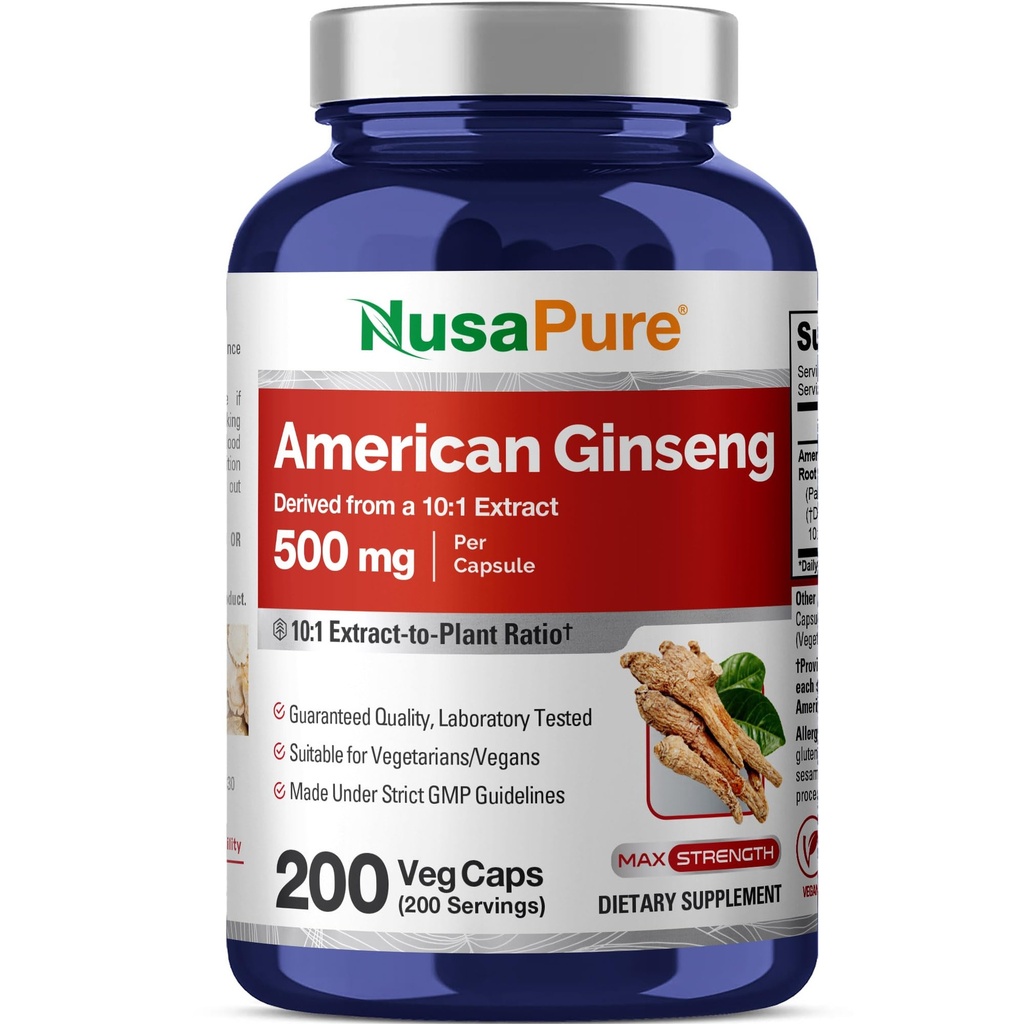 NusaPure American Ginseng 10: 1 Extract, 500 mg Ækvivalent med 5000mg - 200 Veggie Capsules (Vegetarian, Non- GMO, Vegan)