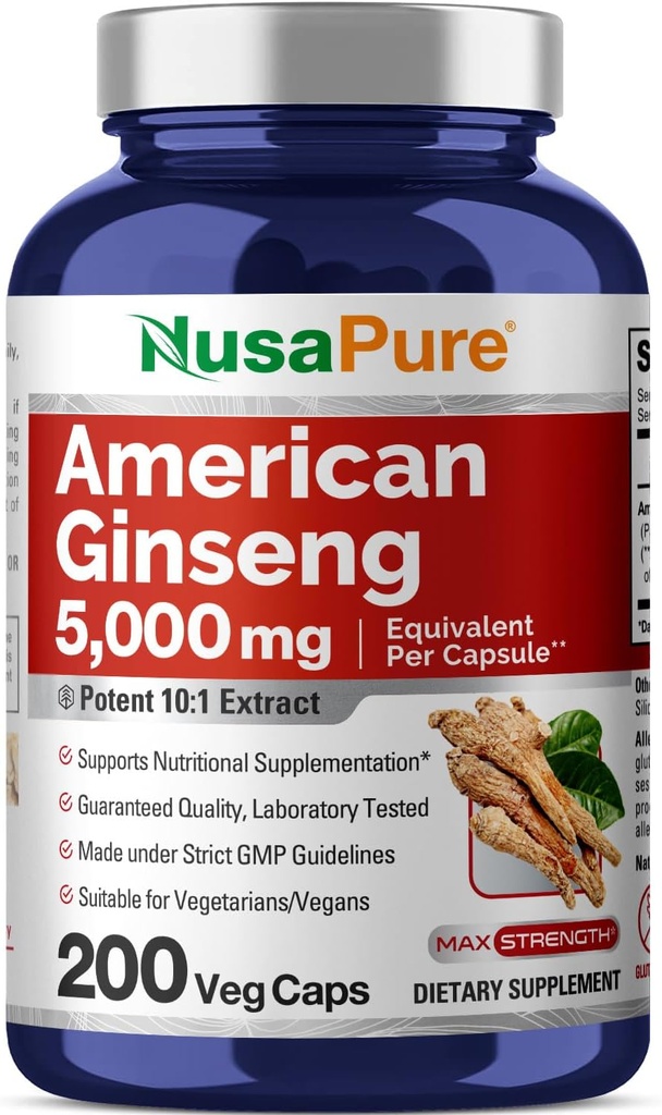 NusaPure American Ginseng 10: 1 Extract, 500 mg Ækvivalent med 5000mg - 200 Veggie Capsules (Vegetarian, Non- GMO, Vegan)