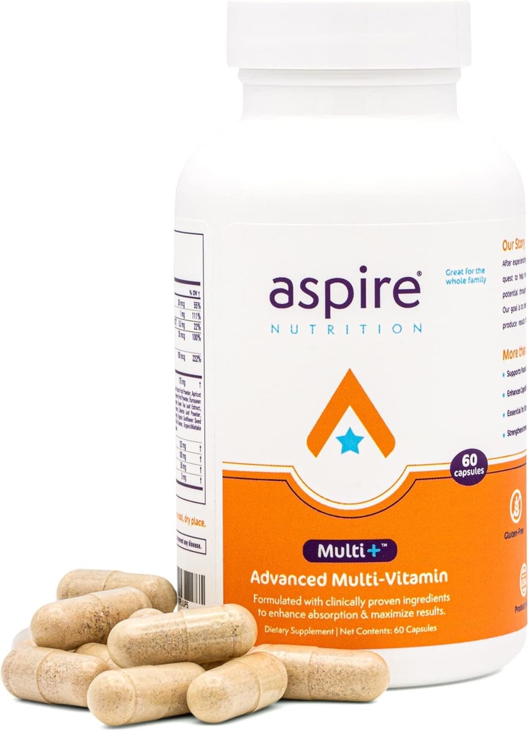 Aspire Multi + ™ Avanceret Multivitamin til mænd, Kvinder & Børn - Bedste supplement til fokus, opmærksomhed, hukommelse, Mood. Mere Absorberende næringsstoffer, mineraler og vitaminer - Alle naturlige