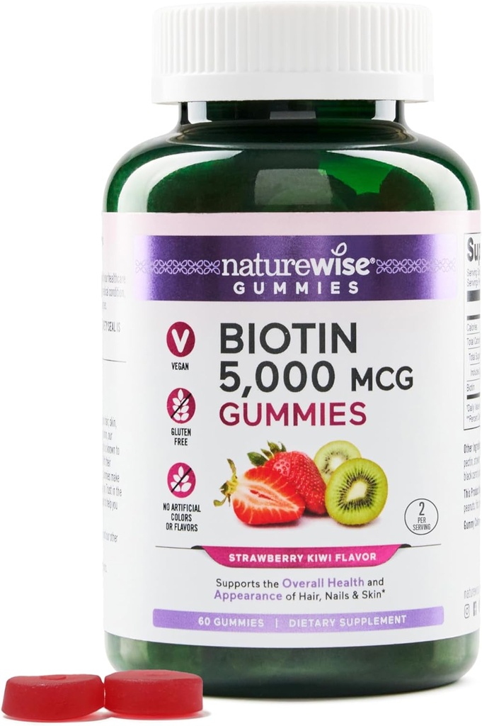 NatureWise Biotin Gummies - Understøtter sundt hår, hud og stærke negle - vitamin B7 5000mcg - Natural Beauty - Strawberry- Kiwi Flavor - Vegan, Non- GMO, Gluten Free - 60 Greve [30 Day Supply]