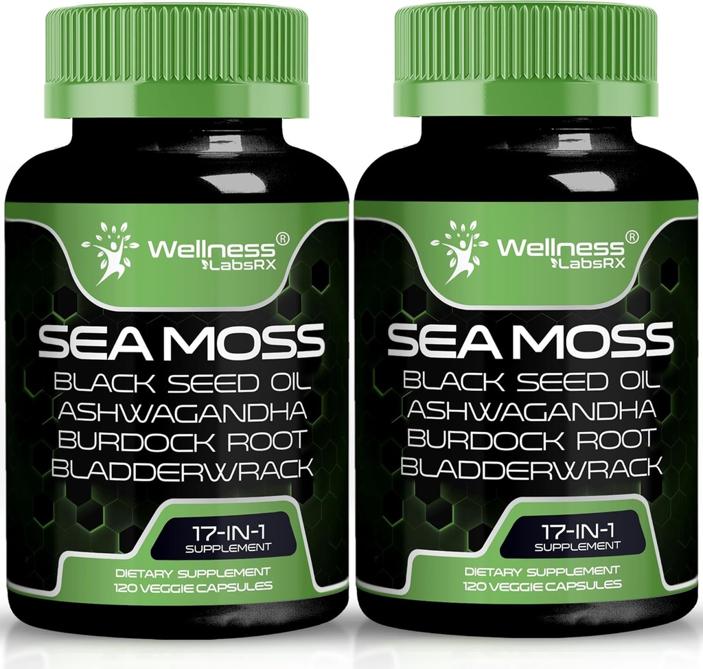 Irish Sea Moss Capsules, 17- in-1, Seamoss Black Seed Oil, 240 Count, Ashwagandha Burdock Root Organic Bladerwrack Kapsler 124; Organic Sea Moss Advanced, Immun and Blood Pressure Support - 2 Pack