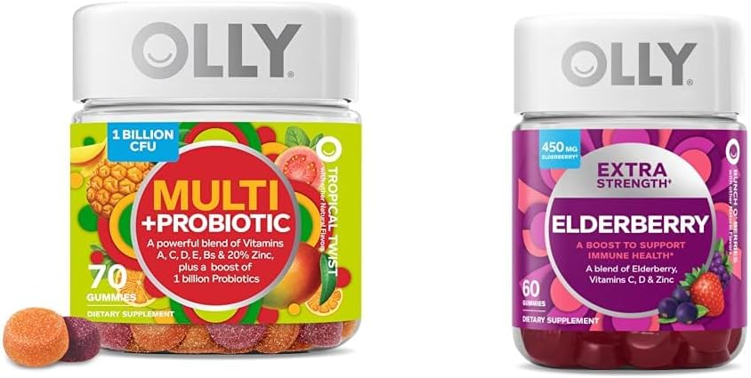 OLLY Voksen Multivitamin Gummy med Probiotika, 1 Millioner CFU 'er, 70 Greve og Ekstra Styrke Elderberry Gummies, Immunstøtte, 450mg, 60 Greve