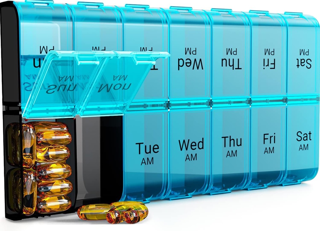 7 Dag Ekstra Stor Pill Organizer 2 gange om dagen, Ugentlig Pill Box to gange om dagen, XL AM PM Pill Case, Overdimensioneret Daily Medicine Organizer for Vitamin, Big Pill Container (Cyan)