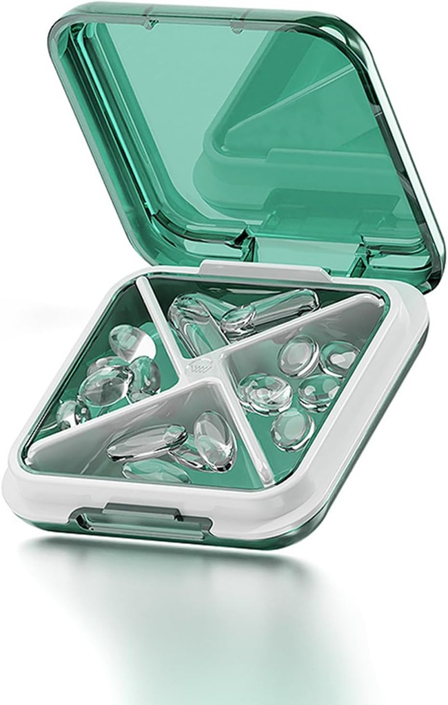 Lille pilleboks Vandtæt rejse pill sag Portable Daily Pill Container Pill Holder for purse 4 Compartments Pocket Compact Medicine Organizer for Fish Oils, Kosttilskud, Medicin (grøn)
