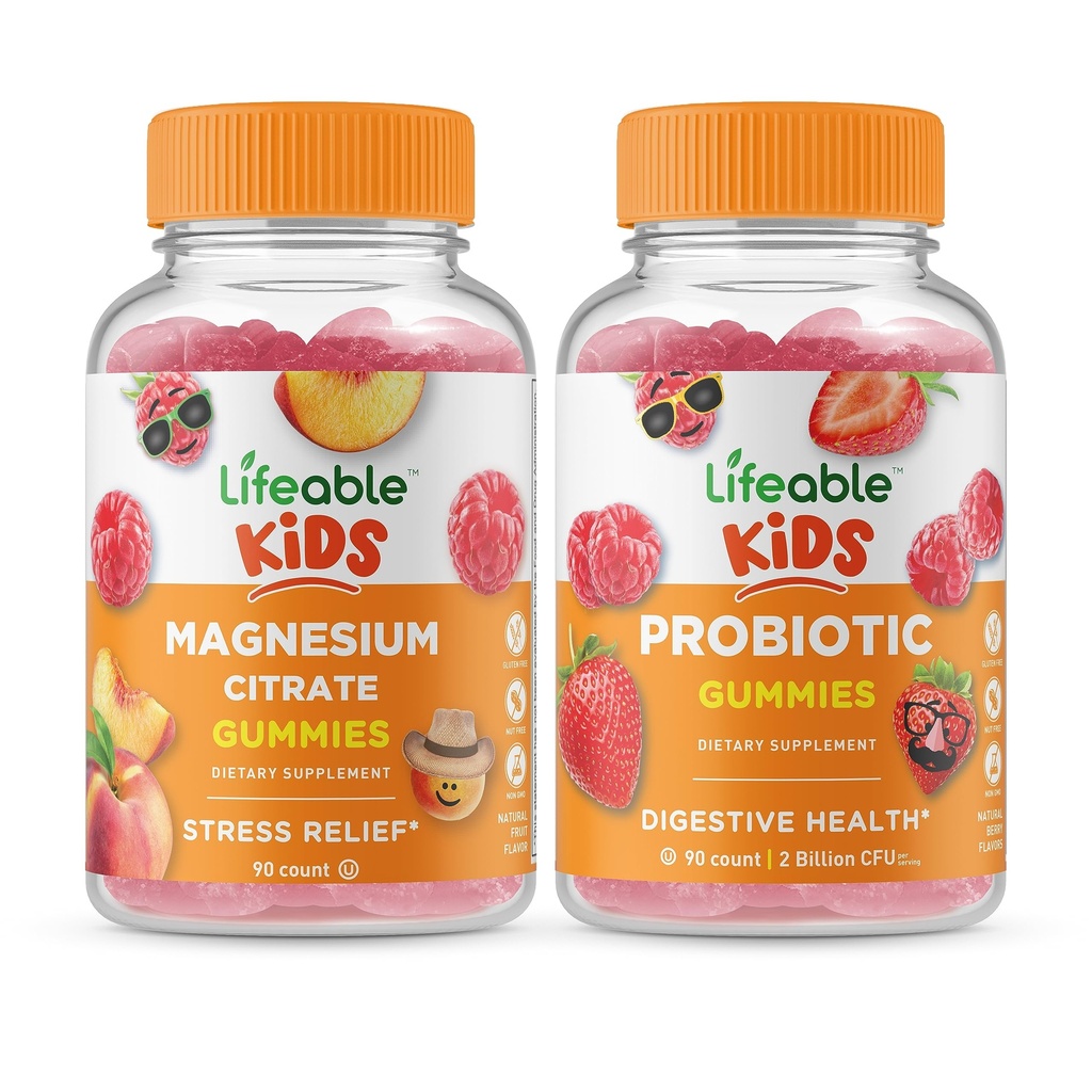 Lifeable Magnesium Citrate Kids + Probiotiske 2 milliarder CFU Kids, Gummies Bundle - Great Tasting, Vitamin Supplement, Gluten Free, GMO Free, Chewable Gummy