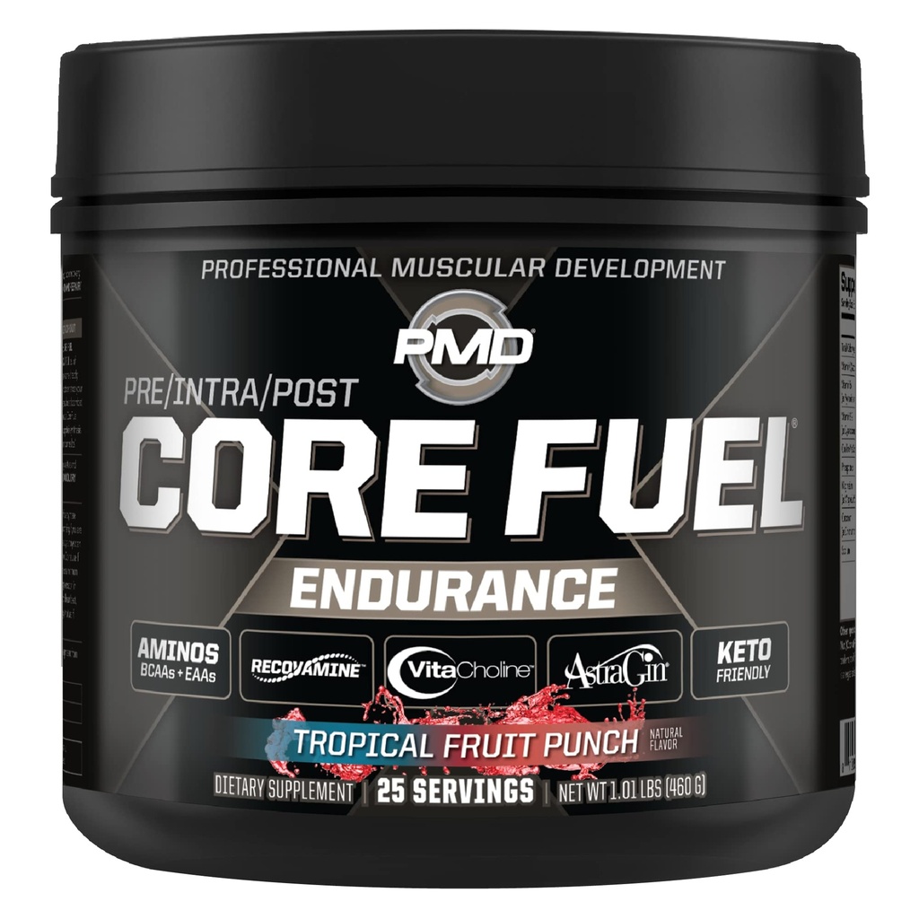 PMD Sports Core Fuel Endurance, Performance & Recovery - BCAA, EAA, Beta Alanine, Betain Vandfri, Glutamin, Electrolytes - Muskelvækst, Styrke - Stim fri, Tropical Fruit Punch (25 Servere)