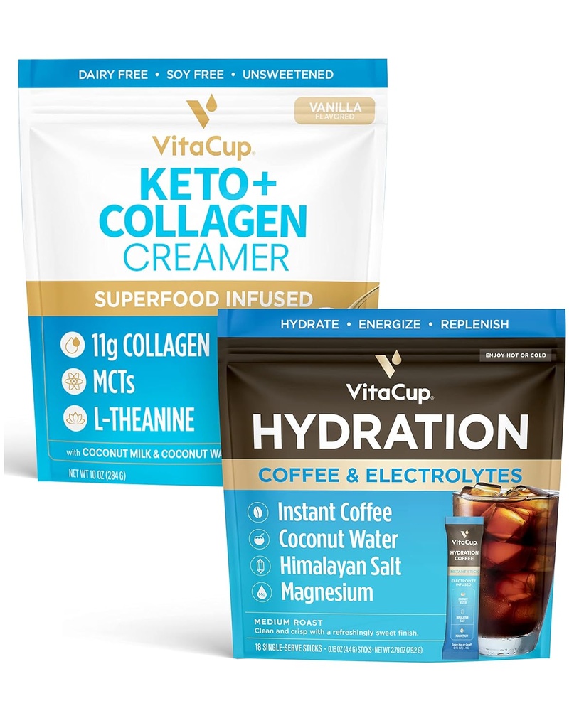 VitaCup Hydration Instant Coffee Sticks w / Electrolytes, Coconut Water, Medium Roast 18ct & Keto + Collagen Vanilla Coffee Creamer w / Superfoods & MCT, 10 oz