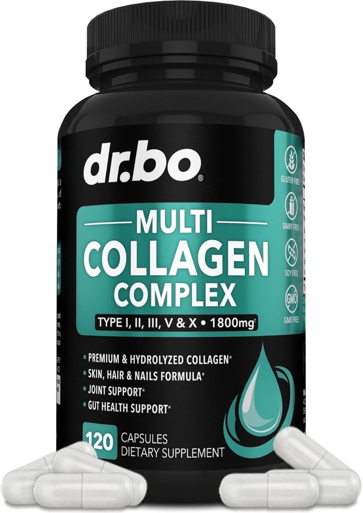 Multi Collagen Peptider til kvinder & mænd - Type I, II, III, V, & X Multi Collagen til kvinder & mænd Complex kapsler, hydrolyserede peptider piller kosttilskud til hud, hår og negle - 120 Protein kapsler