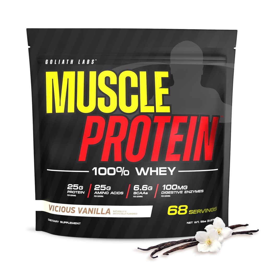 COLOSSAL LABS Muscle Protein Whey Powder [5 lbs / pakke med 1] - Cold Filtered, 25 g Pure Protein, 6, 6 g BCAAs (Packaging May Vary) (5LB, Vanilla)