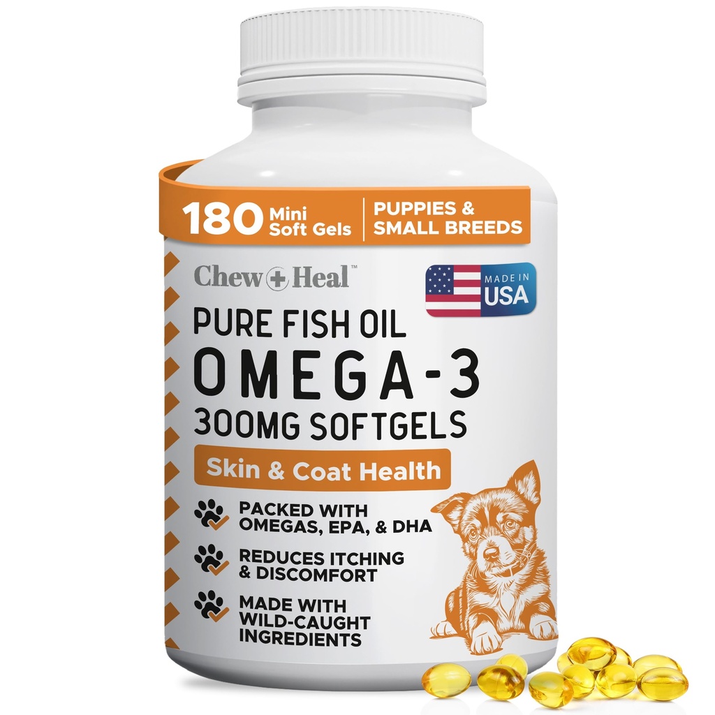 Wild fanget Omega 3 Fish Oil for Hunde - 180 Softgel kapsler til sund hud og Coat - 300 mg Mini Dog Fish Oil Pills for Shedding, Tør Kløe Hud, og Hot Spots - Pet Omega Salmon Supplement