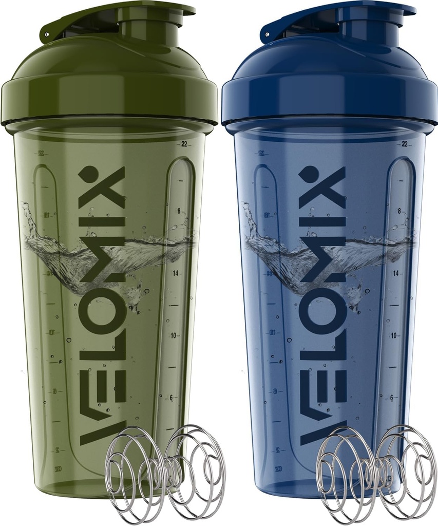 VELOMIX -2 Pack- 28 oz Protein Shaker Flasker til Protein Mixes - 2x Wire Whisk - 124; Læbe Bevis Shaker Cops til Protein Shakes - 124; Pre Workout Shaker Flaske - 124; Shakers til Protein - Green & Blue