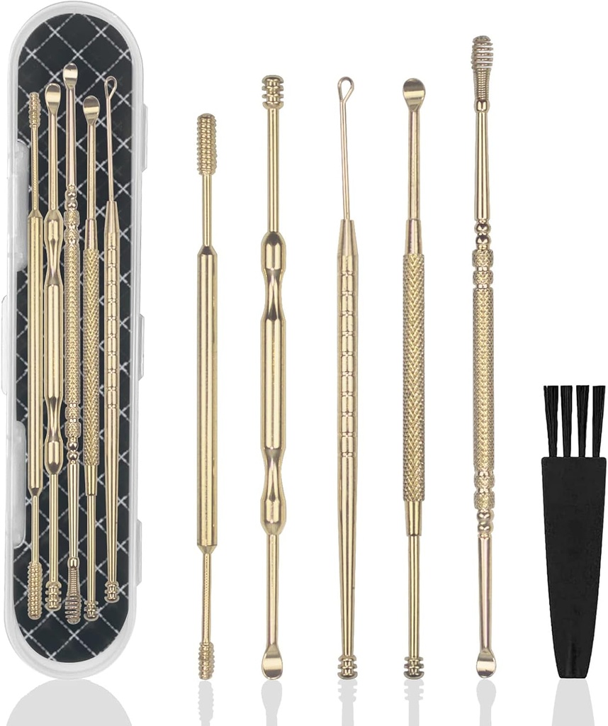 Hion 6 Pcs Extended Ear Wax Removal Kit, Professional Double- Headed Ear Pick Earwax Removal Tools, 316L rustfrit stål Ear Cleaner Curette med Rengøringsbørste og opbevaringsboks, dragt til Kid Voksen (guld)