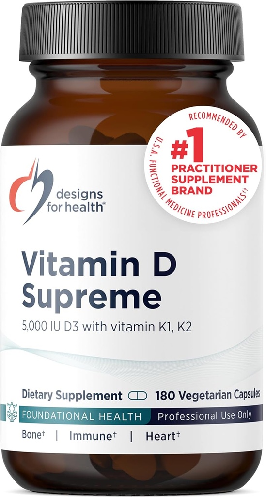 Design for Health Vitamin D Supreme - D-vitamin 5000 IE med 2000mcg vitamin K som MK4 for ben sundhed, hjerte sundhed, mood & immunforsvar - D3- vitamin forstærket med GG supplement (180 kapsler)