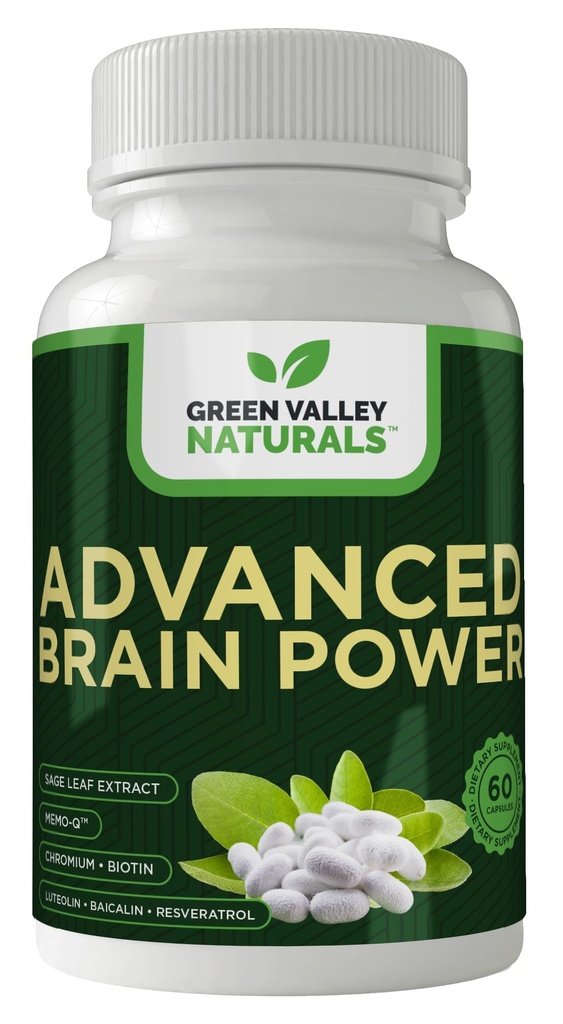 GREEN VALLEY NATURALS - Advanced Brain Power - Understøtter sund, normal hjerne funktion, fokus og koncentration, klinisk formuleret til at støtte sund hjerne Klarhed. (1 flaske, 60, greve)