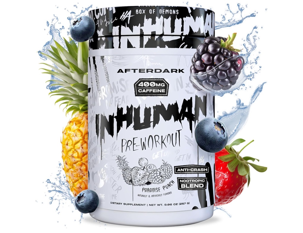AFTERDARK INHUMAN Pre- Workout Powder, Forbedret Mind- Muscle Connection, Vedvarende energi, Potent Nootrope Blend, Vegan, Gluten- Free, Soy- Free, 400mg Koffein, No Crash, Paradise Punch