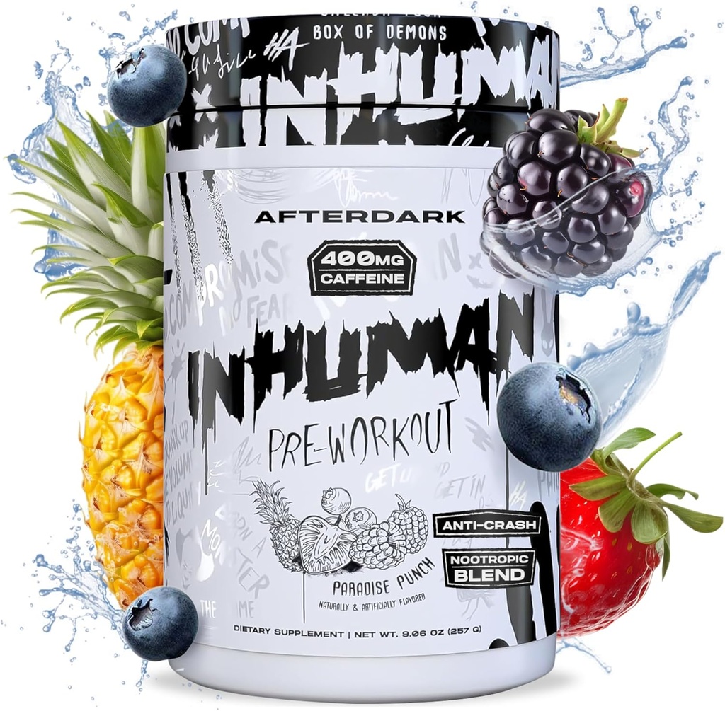 AFTERDARK INHUMAN Pre- Workout Powder, Forbedret Mind- Muscle Connection, Vedvarende energi, Potent Nootrope Blend, Vegan, Gluten- Free, Soy- Free, 400mg Koffein, No Crash, Paradise Punch