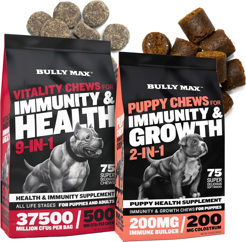 Bully Max Vitality Hund Chews and Puppy Soft Chews Bundle for Total Support med daglige vitaminer til hvalpe og voksne hunde - herunder immunforsvar, fælles, hud, Coat, fordøjelse, og udvikling støtte