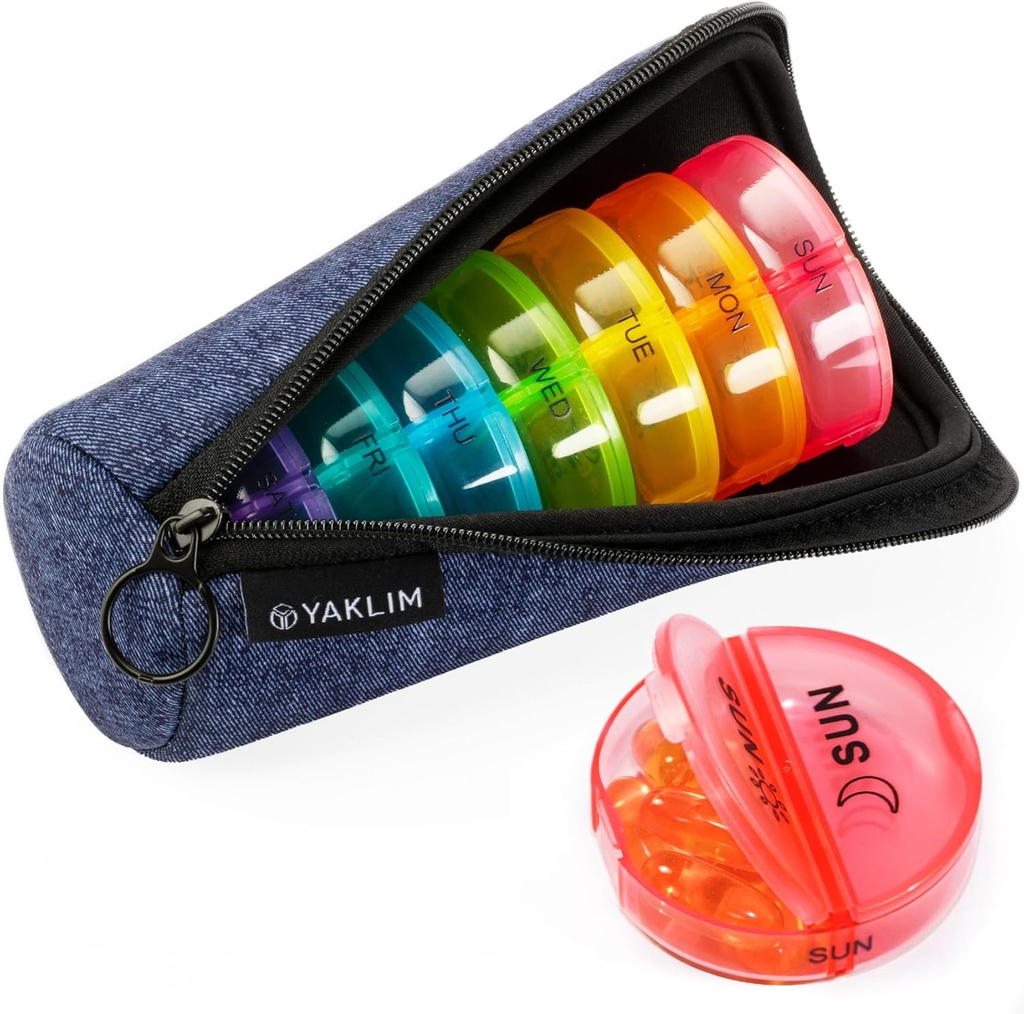 Travel Pill Organizer 2 gange om dagen, AM / PM Pill Containers 7 Day Ultralyck Portable Canvas Bag Travel Pill Case Weekly Pill Box for Medicine, Vitaminer, Fiskeolier, Kosttilskud (Denim)