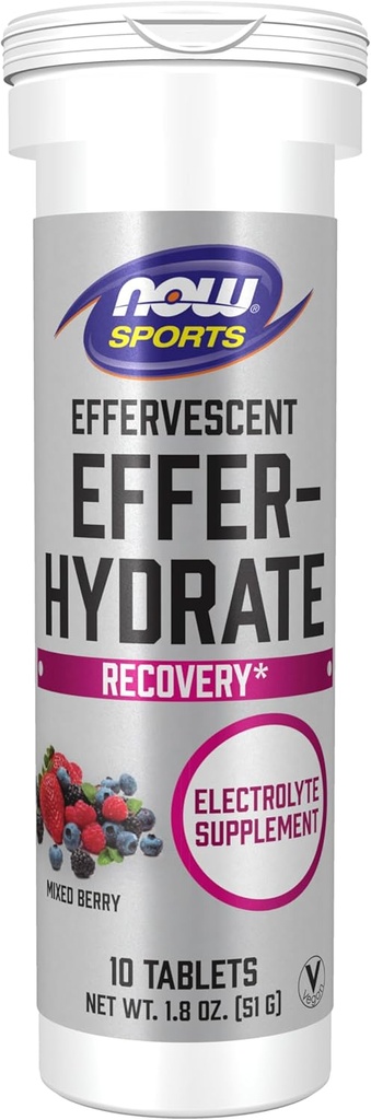 Now Foods Sports Nutrition, Effervescent Effer- Hydrate, Electrolyte Supplement, Recovery *, blandet berry, 10 tabletter