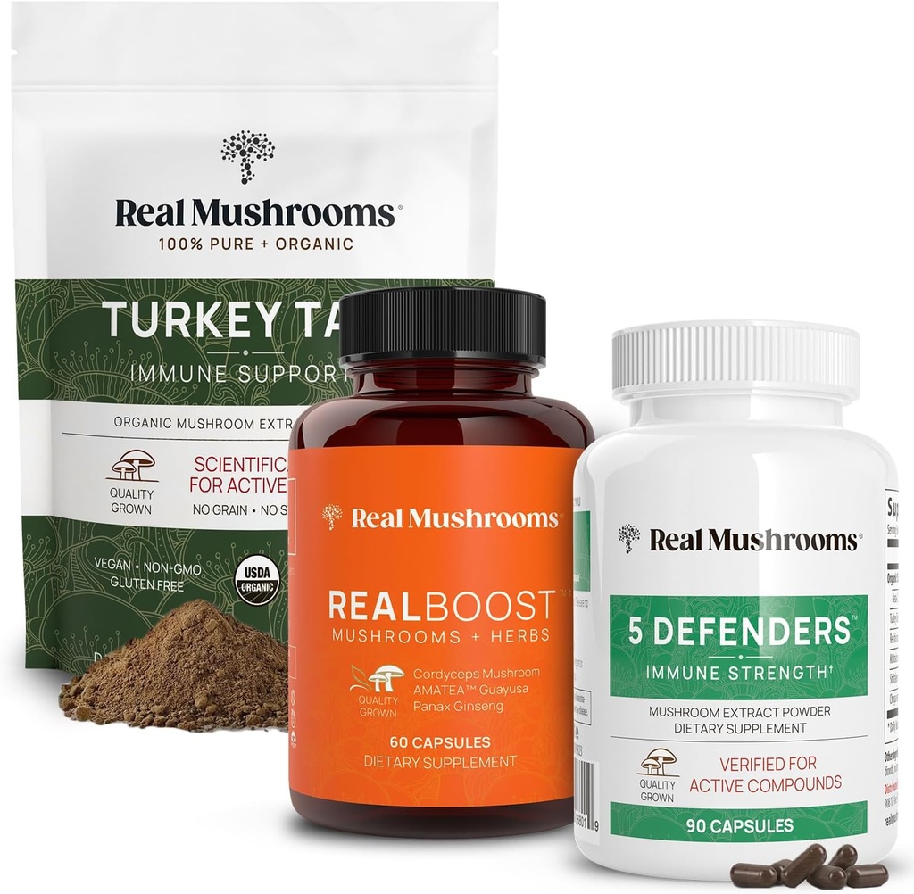 Real Champignons RealBoost (60ct), 5 Defenders (90ct) & Tyrkiet Tail Mushroom Powder & Capsules Bundle - Mushroom supplement til energi, Vitality & immunstyrke - Vegan, non-GMO