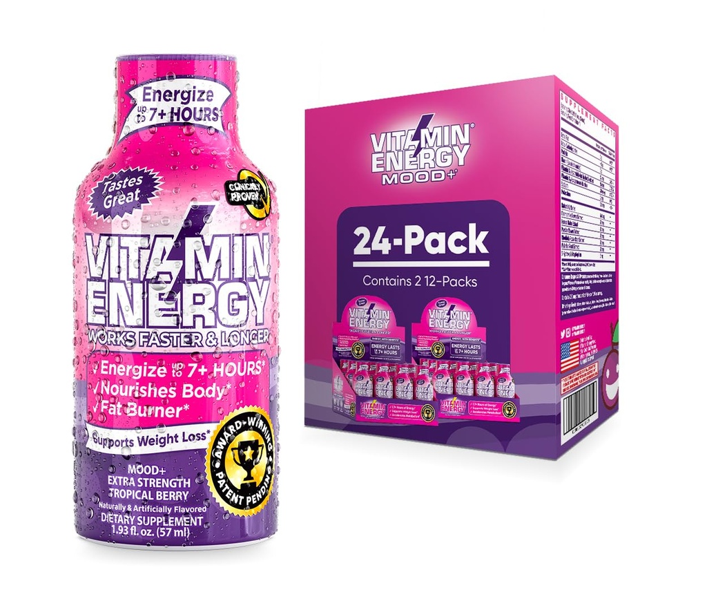 Vitamin Energy Mood + Energy Shot - Tropical Berry - 100% DV B- Vitaminer & 260mg Plantbaseret koffein - Zero Calories, Sugar- Free, Vegan, Non- GMO - Mood & Energy Support - 1,93 fl oz, 24- Pack