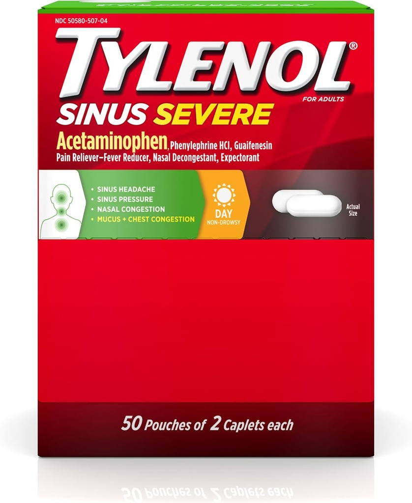 Tylenol Sinus Svær Daytime Caplets med Acetaminophen 325mg, Guaifenesin 200mg & Phenylephrin HCl 5mg, Non- Drowsy Pain Reliever, Expectorant & Nasal Decongestant, 50 Rejsepakker af 2 ct