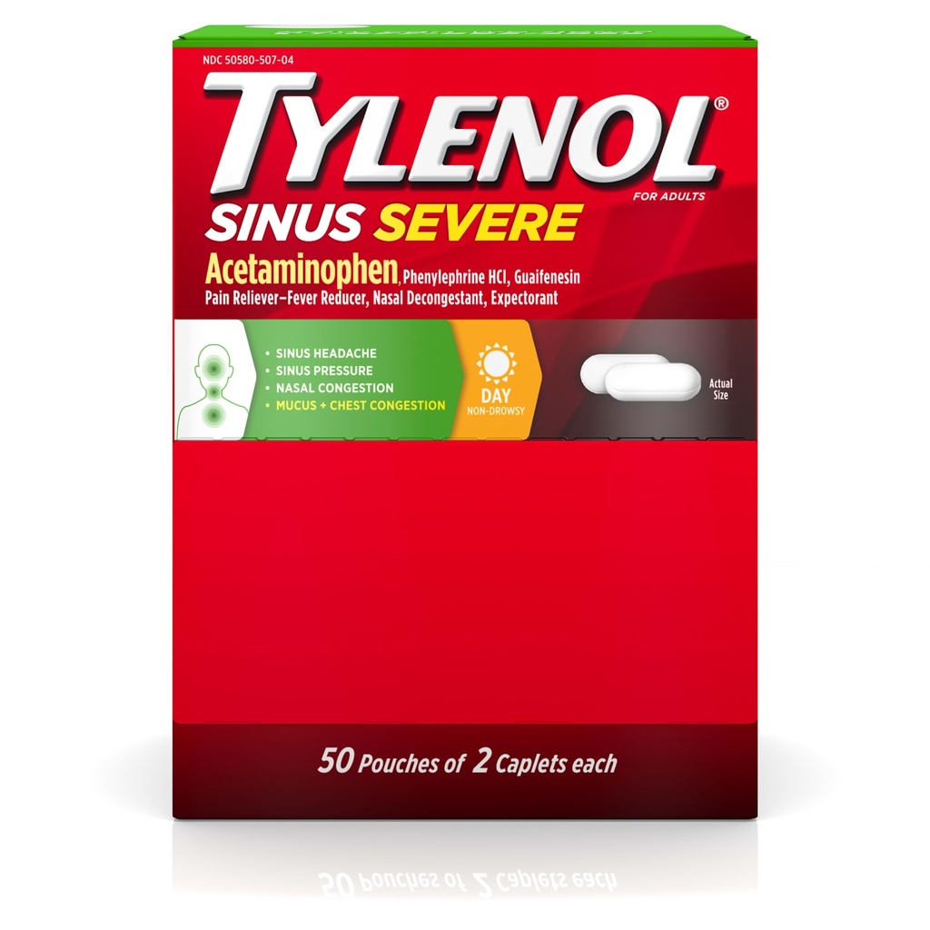 Tylenol Sinus Svær Daytime Caplets med Acetaminophen 325mg, Guaifenesin 200mg & Phenylephrin HCl 5mg, Non- Drowsy Pain Reliever, Expectorant & Nasal Decongestant, 50 Rejsepakker af 2 ct