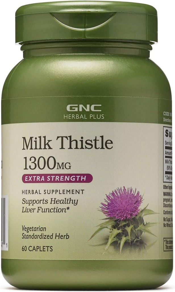 GNC Herbal Plus Milk Thistle 1300mg tillæg, Ekstra styrke, Vegetarisk, Understøtter sund lever funktion, 60 Servering