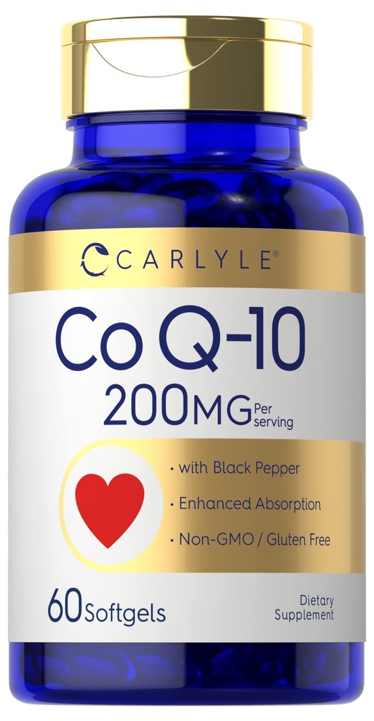 Carlyle CoQ10 200mg Softgels against 124; 60 Greve · 124; med Black Pepper Shape 124; Forbedret Absorption 124; Non- GMO, Gluten Free Supplement
