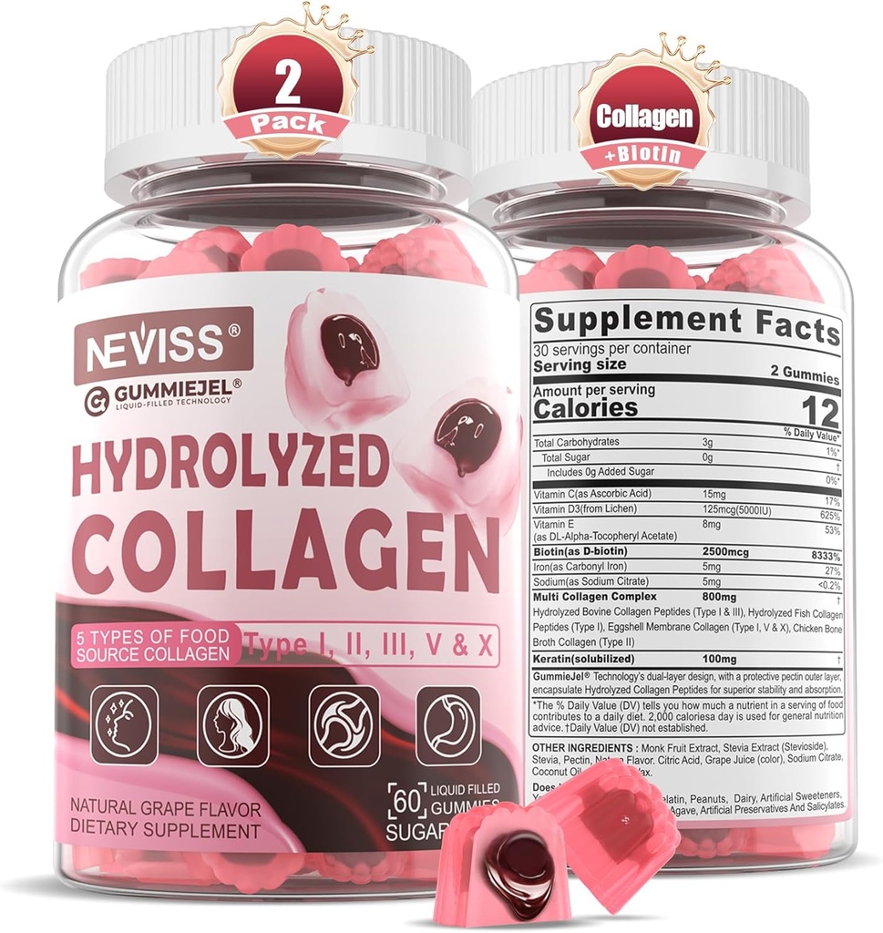 Hydrolyseret collagen peptider, Marine gummies for kvinder Mænd, Multi collagen type I II III V & X for hårvækst, sunde hud negle - Collagen vingummi w / hår vitaminer Biotin Keratin & vitamin D3, 120Cts