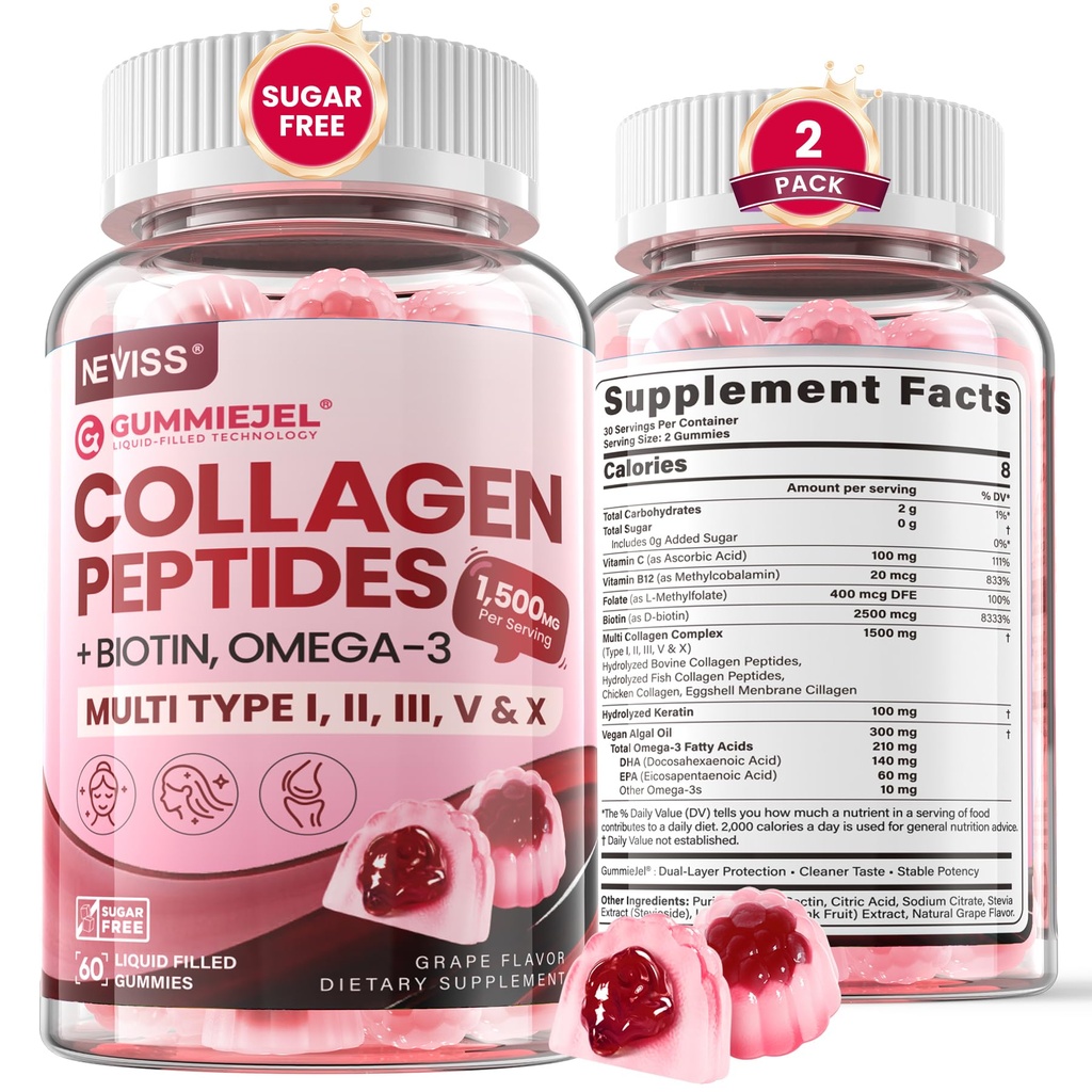 Hydrolyseret collagen peptider, Marine gummies for kvinder Mænd, Multi collagen type I II III V & X for hårvækst, sunde hud negle - Collagen vingummi w / hår vitaminer Biotin Keratin & vitamin D3, 120Cts