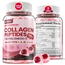 Hydrolyseret collagen peptider, Marine gummies for kvinder Mænd, Multi collagen type I II III V & X for hårvækst, sunde hud negle - Collagen vingummi w / hår vitaminer Biotin Keratin & vitamin D3, 120Cts
