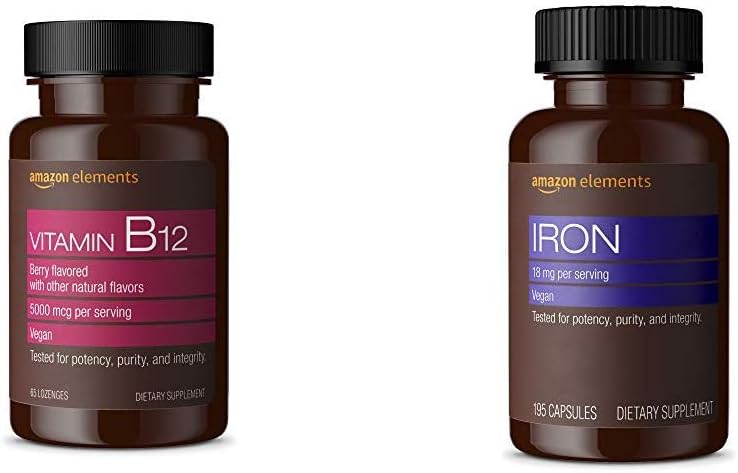 Elementer Vitamin B12 Methylcobalamin 5000 mcg Berry Flavored Lozenges and Elements Iron 18 mg kapsler