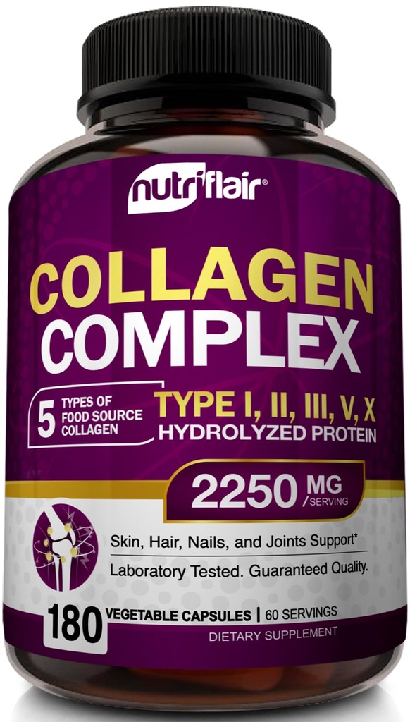 NutriFlair Multi Collagen Peptider 2250mg - Type I, II, III, V, X - Collagen Kosttilskud Complex pulver piller til kvinder og mænd - Hydrolyseret protein, sundt hår, hud, negle - ikke-GMO (180 kapsler)