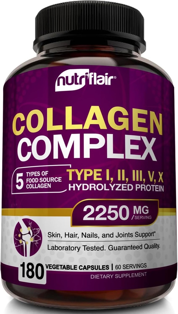 NutriFlair Multi Collagen Peptider 2250mg - Type I, II, III, V, X - Collagen Kosttilskud Complex pulver piller til kvinder og mænd - Hydrolyseret protein, sundt hår, hud, negle - ikke-GMO (180 kapsler)