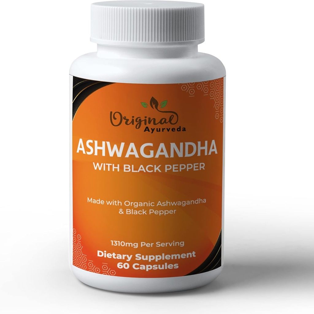 Certificeret Organic Ashwagandha med Organic Black Pepper Supplement - 1310mg - Non-GMO, Gluten- Free - 3. parts Lab Testet