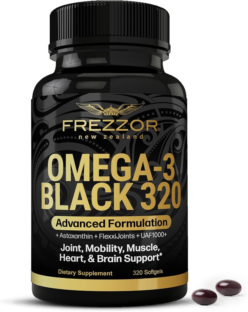 FREZZOR Omega 3 Black - Green Lipped Mussel Oil Capsules, Made in New Zealand, UAF1000 +, fælles pleje & relief, hjerte & immunforsvar, ingen Fishy Eftersmag, 320 Greve (pakke med 1)