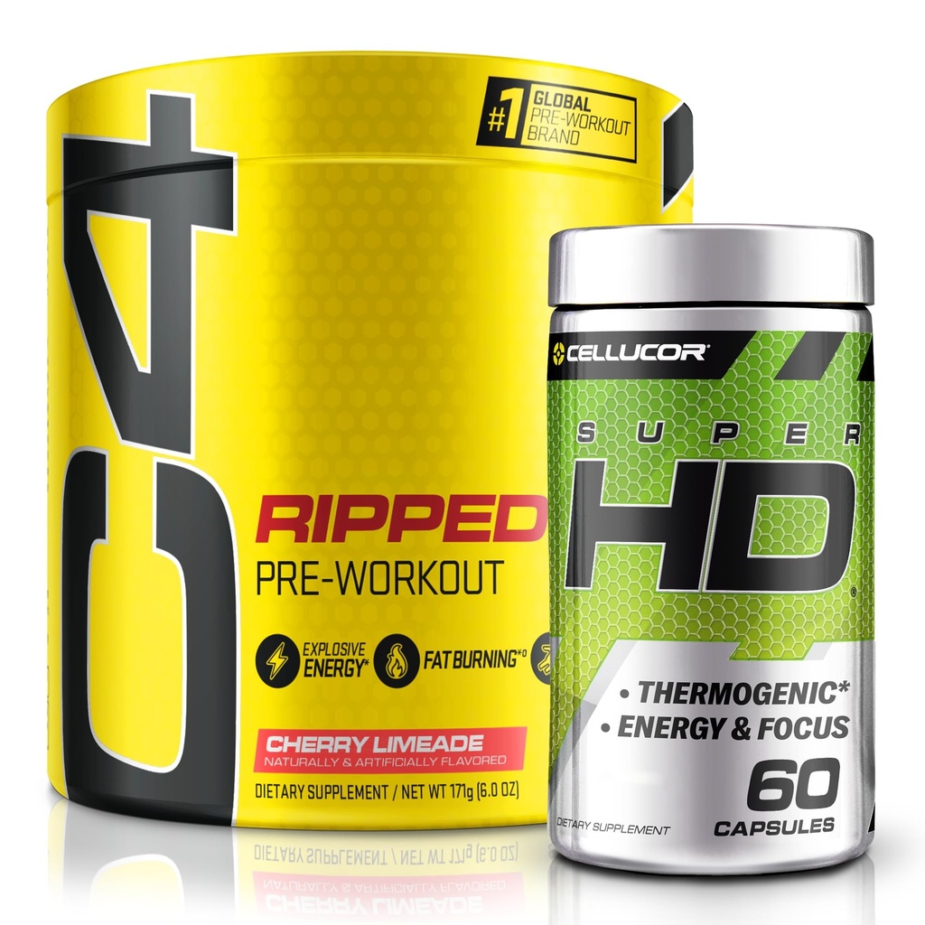 C4 Ripped & SuperHD, Den termogene bundle, C4 Ripped Pre Workout Powder, Cherry Limeade 30 Servere + SuperHD med Capsimax og Green Tea Extract, 60 Servere