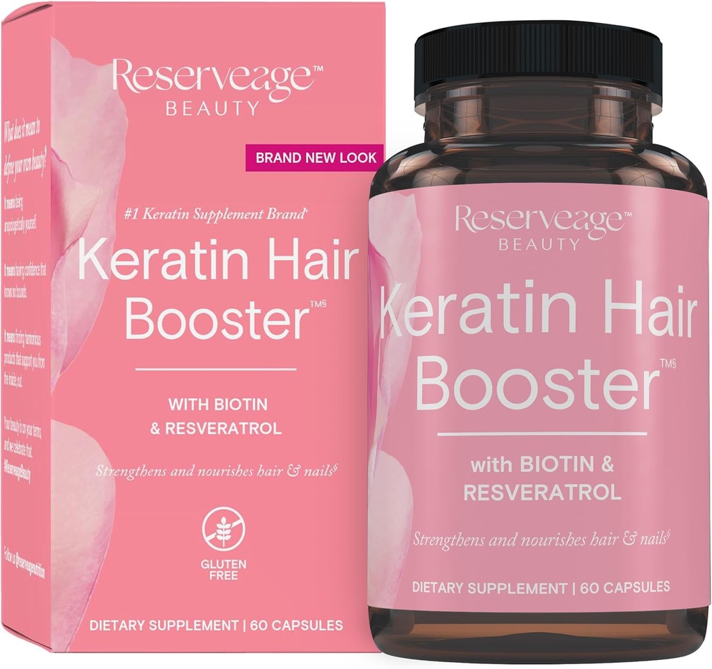 Reserveage Skønhed Keratin hår booster med Biotin & Resveratrol - Hår & Negl vækst supplement til kvinder - Understøtter sund tykkelse & skinne med Biotin - 60 kapsler (30 Servere)