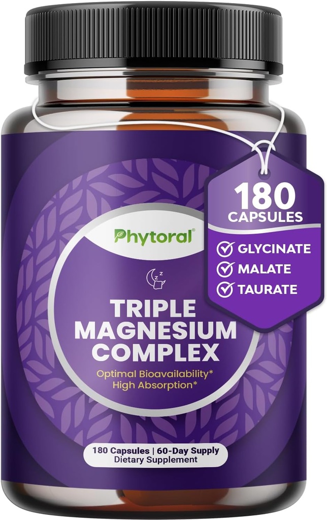 Højt potent Magnesiumkompleks kapsler - Triple Magnesium Blend med taurat glycinat og malat - 400mg supplement understøtter afslapning & Samlet Wellness Non- GMO Vegan 180 kapsler