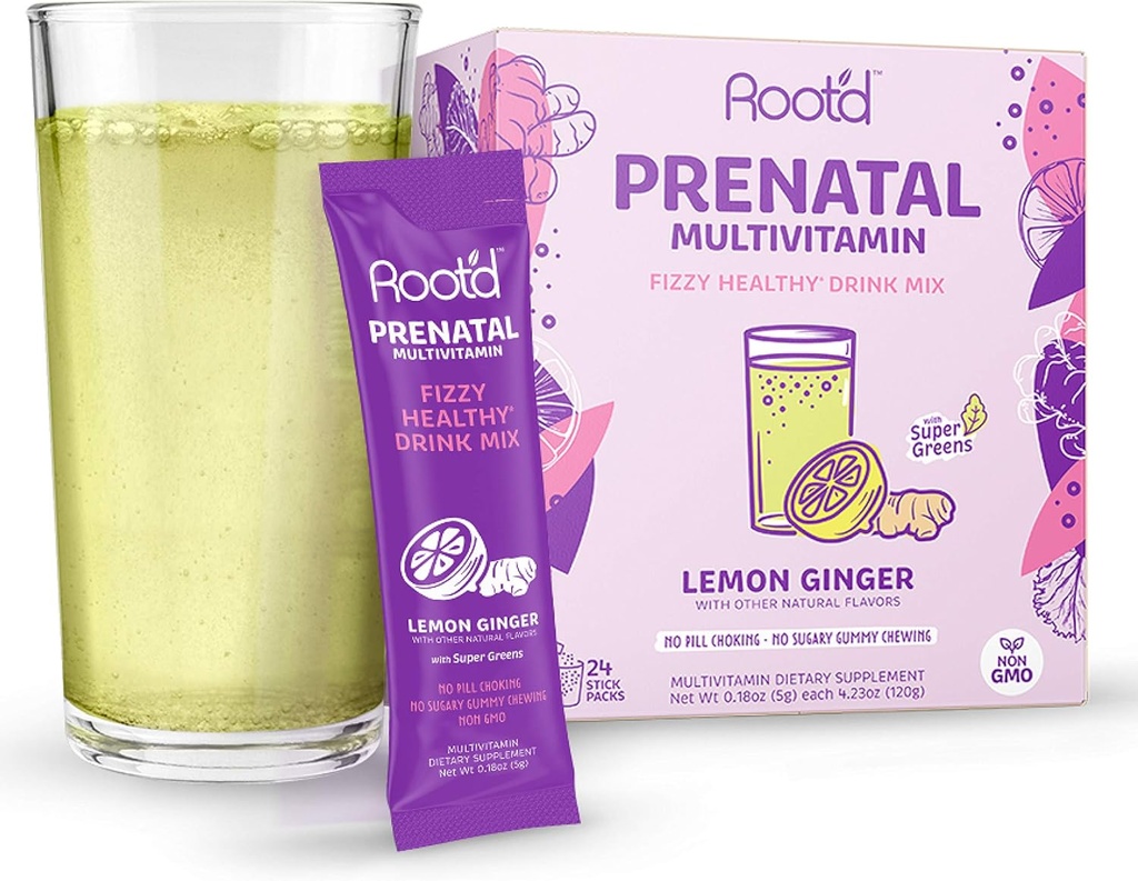 Rootd - Pulver Prenatal Vitamin - Graviditet Multivitamin med 25 Vitamin & Mineraler A, C, D, E, B12, B6, K, Jern, Folate, Probiotika, Økologisk Super Green Buddy; Lemon Ginger 124; 24 effervescent Stick Packs