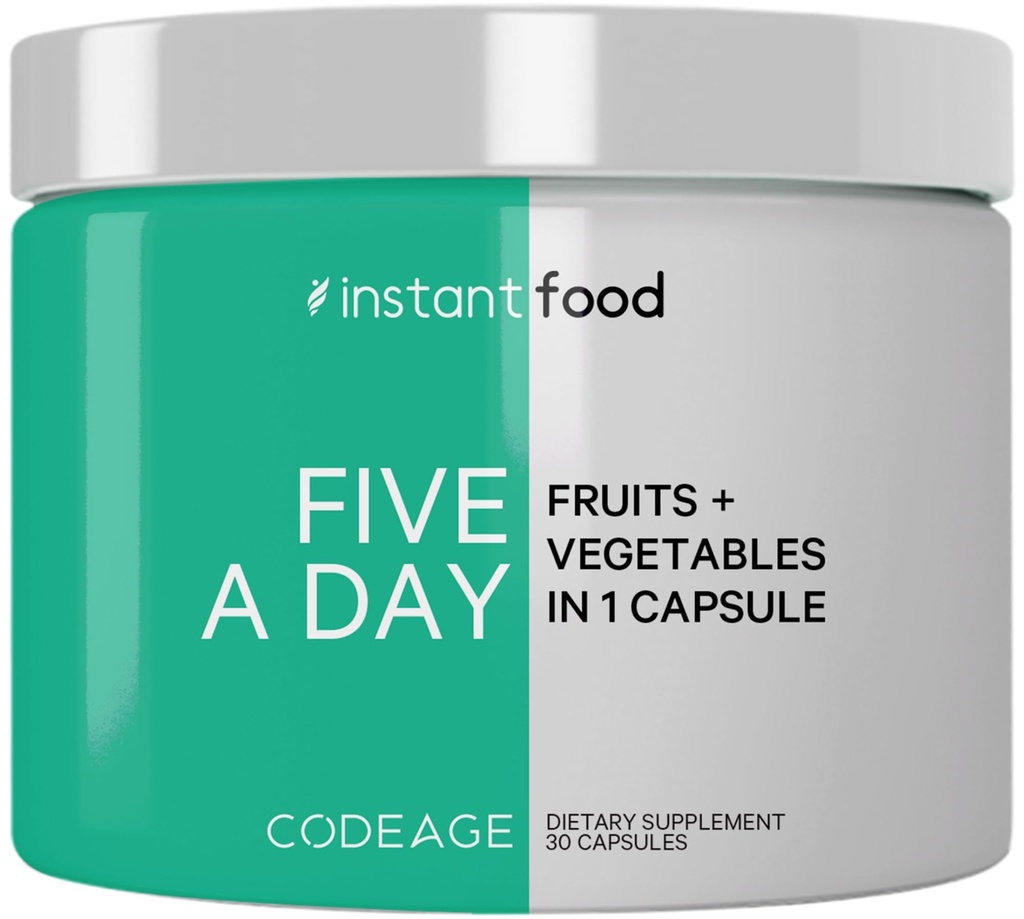 Kodeage 5 Serveringer af frugter og grøntsager Tilsvarende i 1 enkelt kapsel - Hel mad Instantfood med 15 grønne & frugter i All- in- One Pill, Spise Grøntsager - Vegan Vitamin Supplement - Non- GMO - 30 ct