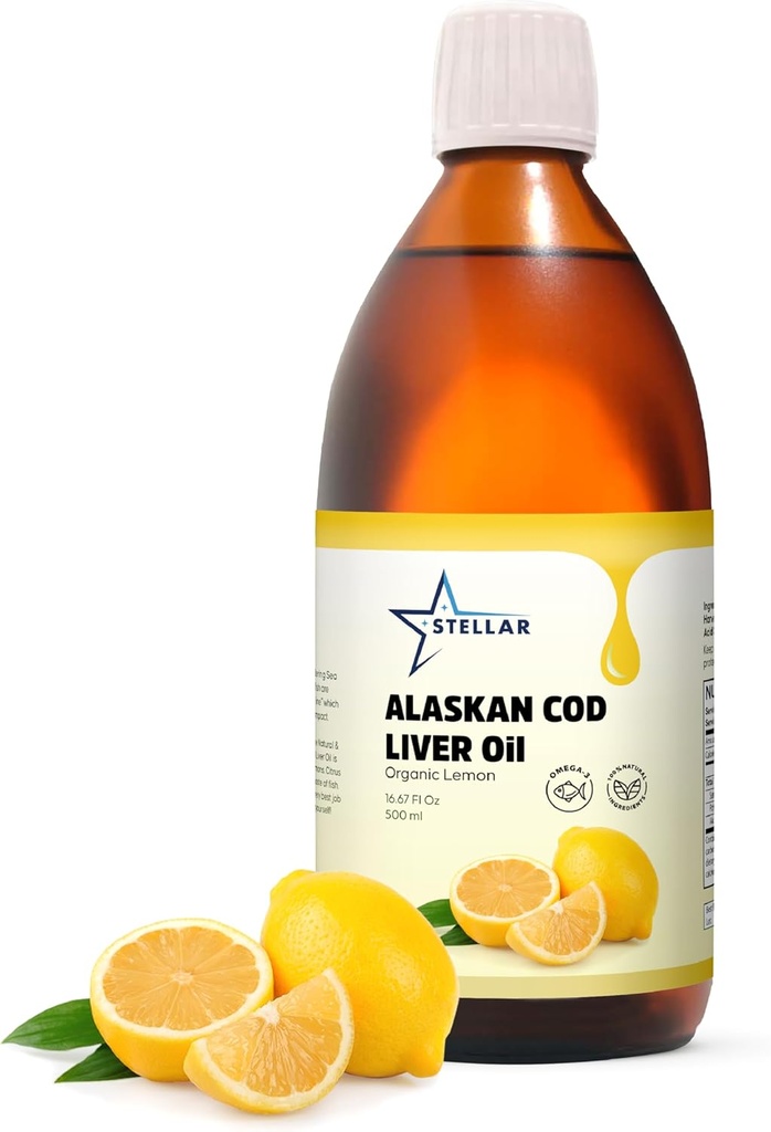 Stellar Alaskan Cod Lever Oil - Organic Lemon, 16.67 oz Note 124; Wild- Fanget i USA