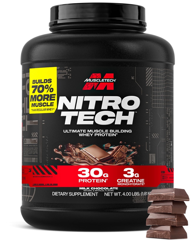 Muscletech Whey Protein Powder (Milk Chocolate, 4 Pound) - Nitro- Tech Ultimate Muscle Building Formel med Whey Protein Isolate - 30g Protein, 3g Creatin & 6,8 g BCAA - Packaging May Vary